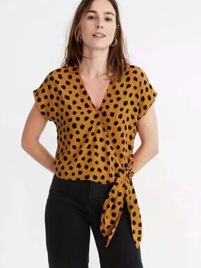 Small Madewell Brown Sash Tie Wrap Top Animal Print